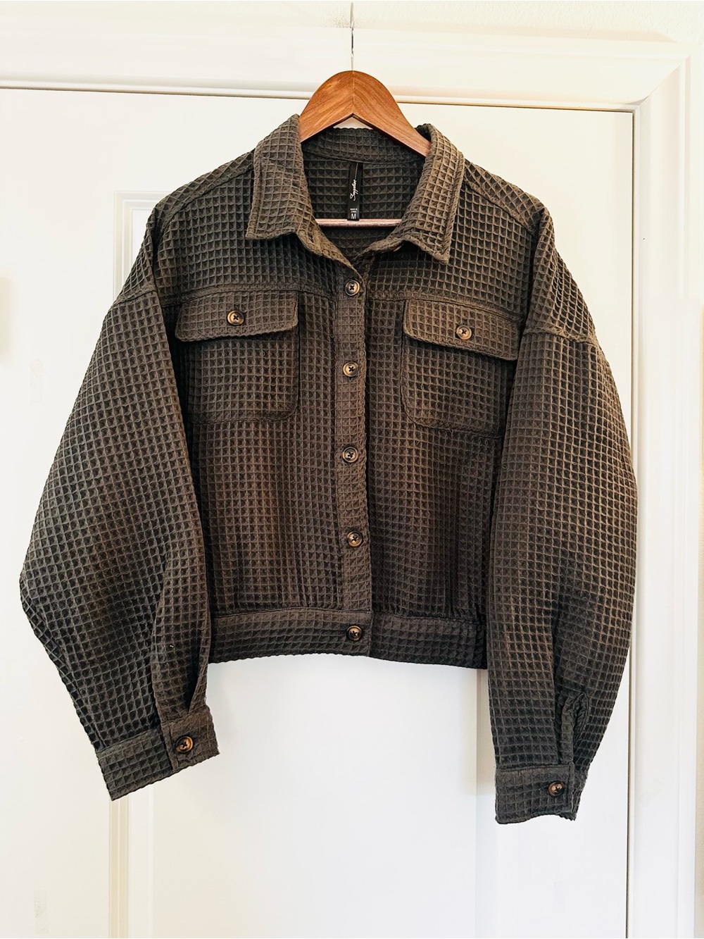 Olive Green Waffle Utility Jacket with Button Front
